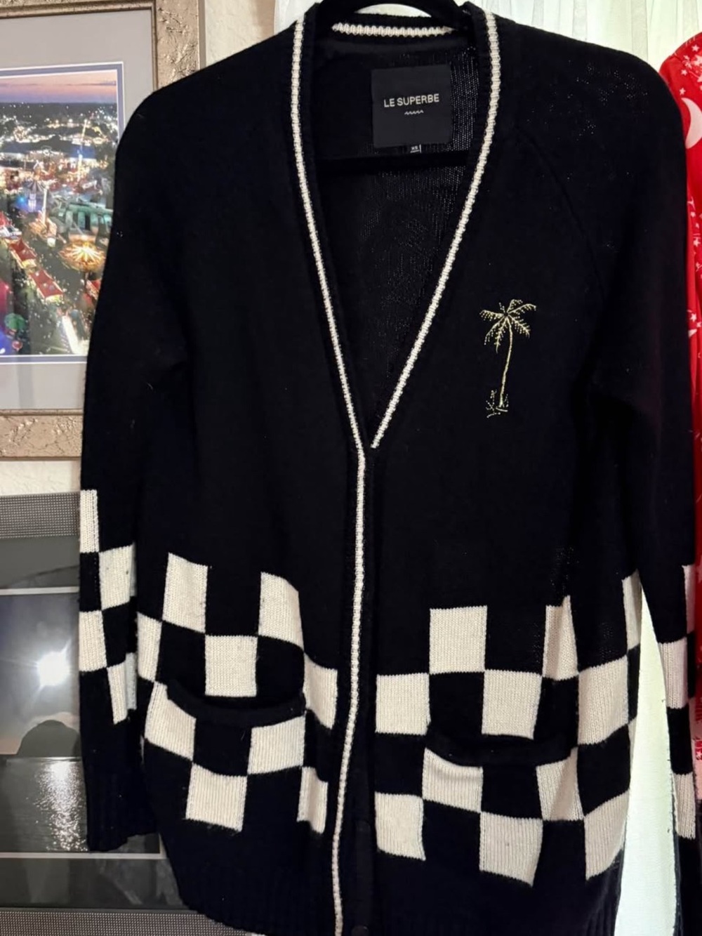 Le Superbe Black & White Checkerboard Cardigan with Palm tree rhinestones
